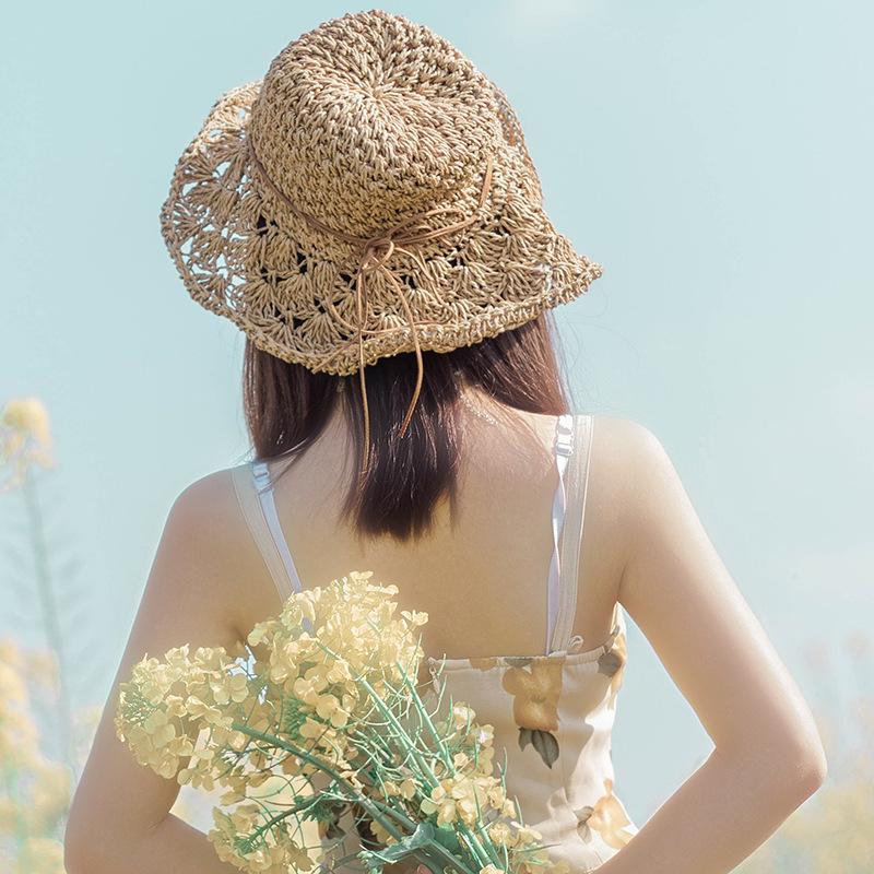 Женская соломенная шляпа с кружевным бантом, летняя шляпа с защитой от солнца, модная складная шляпа