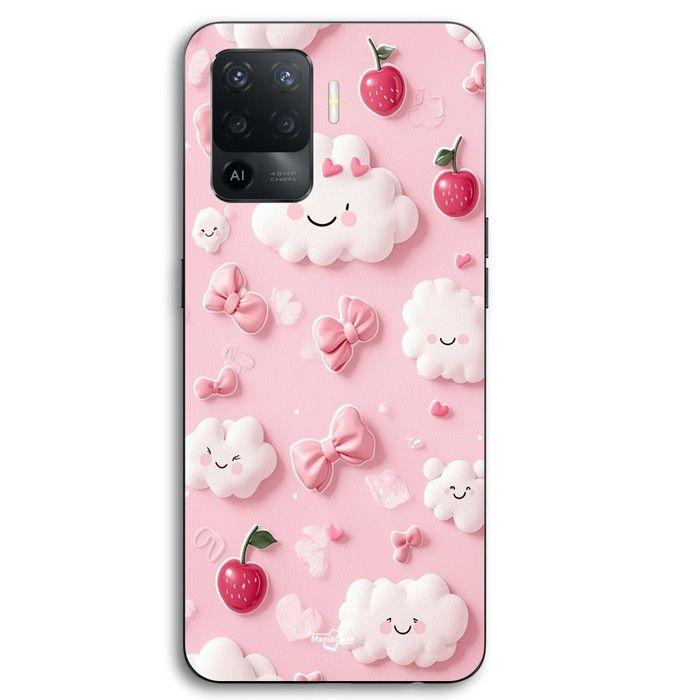 Coque pour téléphone - MANIACASE - Oppo A94 - Texture cerise - Nuage - Noeud rose