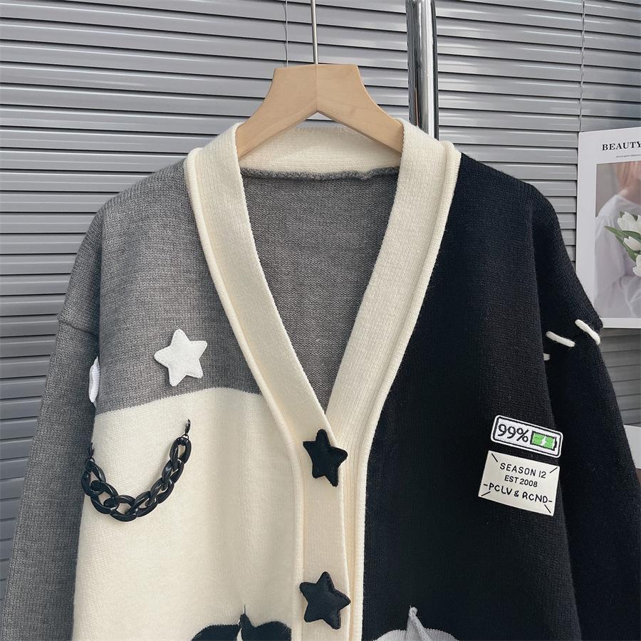 Autumn and Winter Women's Sweater Stars Heavy Splicing Color Collision Soft Knitted Cardigan Lazy Wind Sweater
