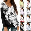 Women's Fashion Casual Long Sleeve Floral Print V Neck Top With Pockets