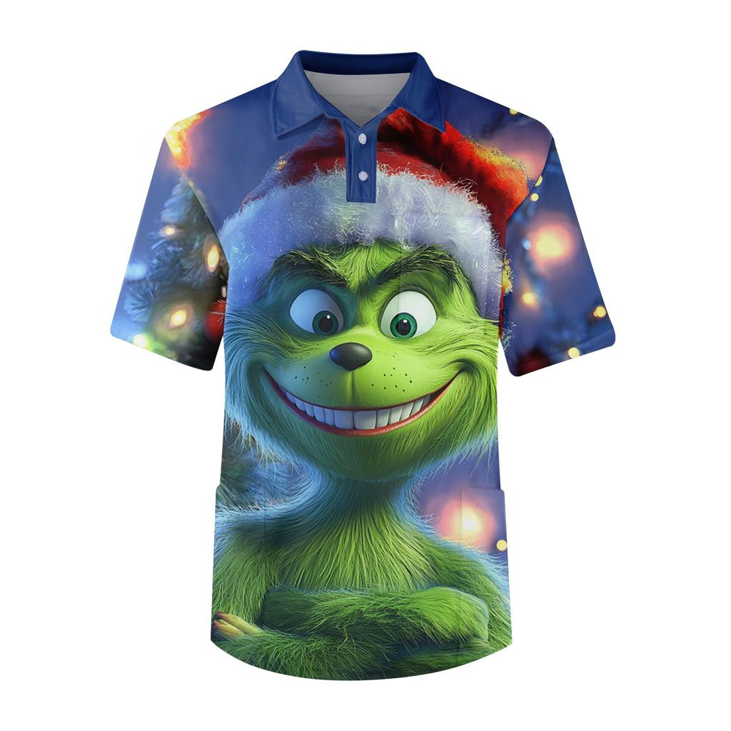 Men's Short Sleeve Button Lapel Christmas Print Chest Pocket Dry-nurse Top