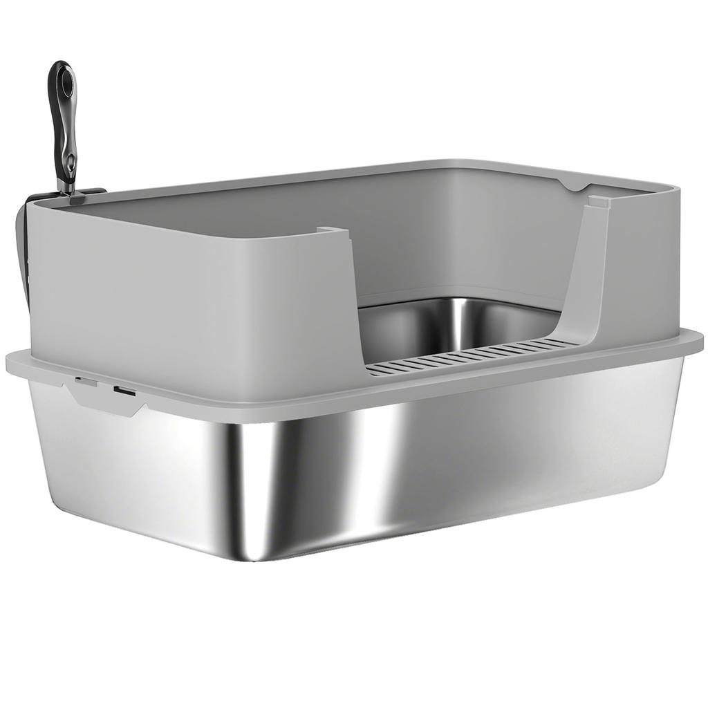 Stainless Steel Cat Litter Box XL With High Edge Easy To Clean Leak Proof 60x40x29.5 Cm Gray
