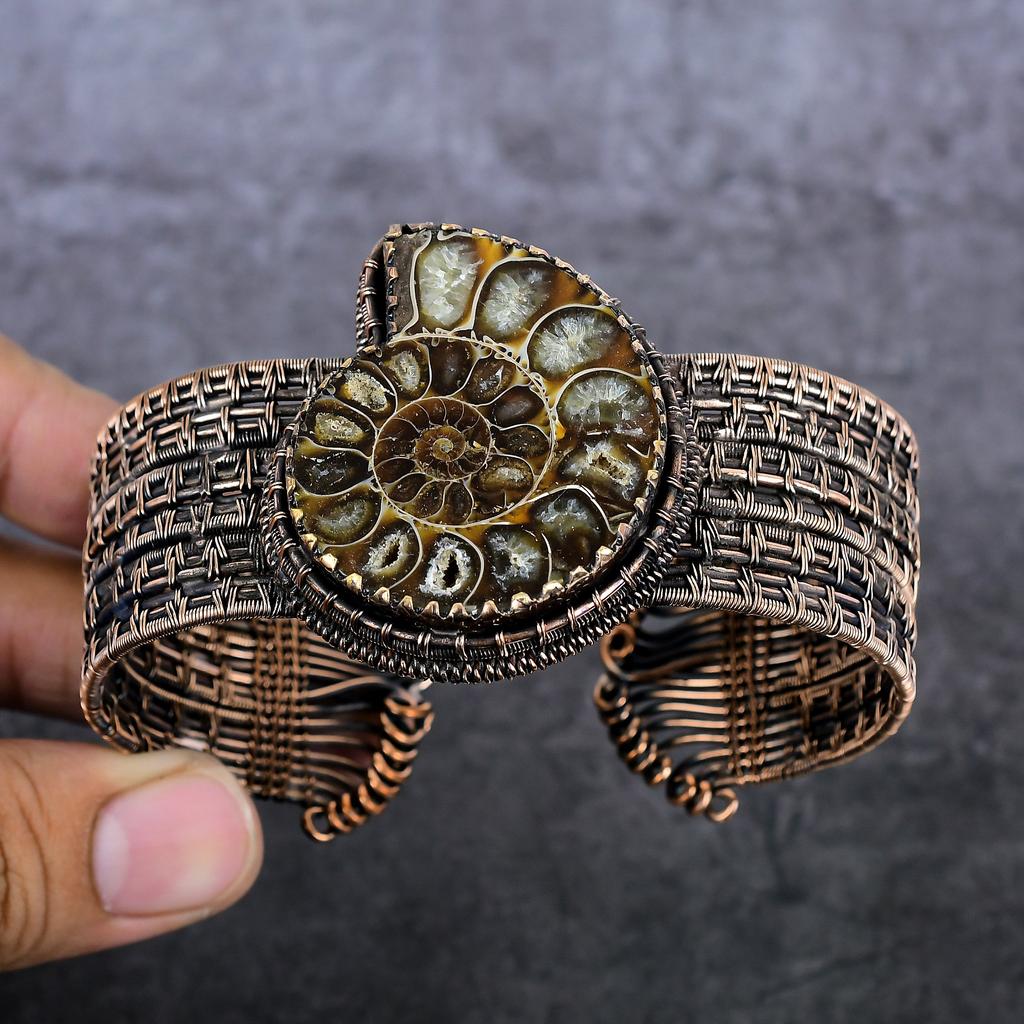 Аммонит Ископаемый Ручная Работа Медная Проволока Оплетка Браслет-Манжета Регулируемый u1F34