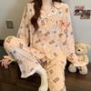 Весенний новый милый медведь кролик кружевной отложной воротник длинные рукава брюки удобная имитация хлопка пижама женский домашний комплект