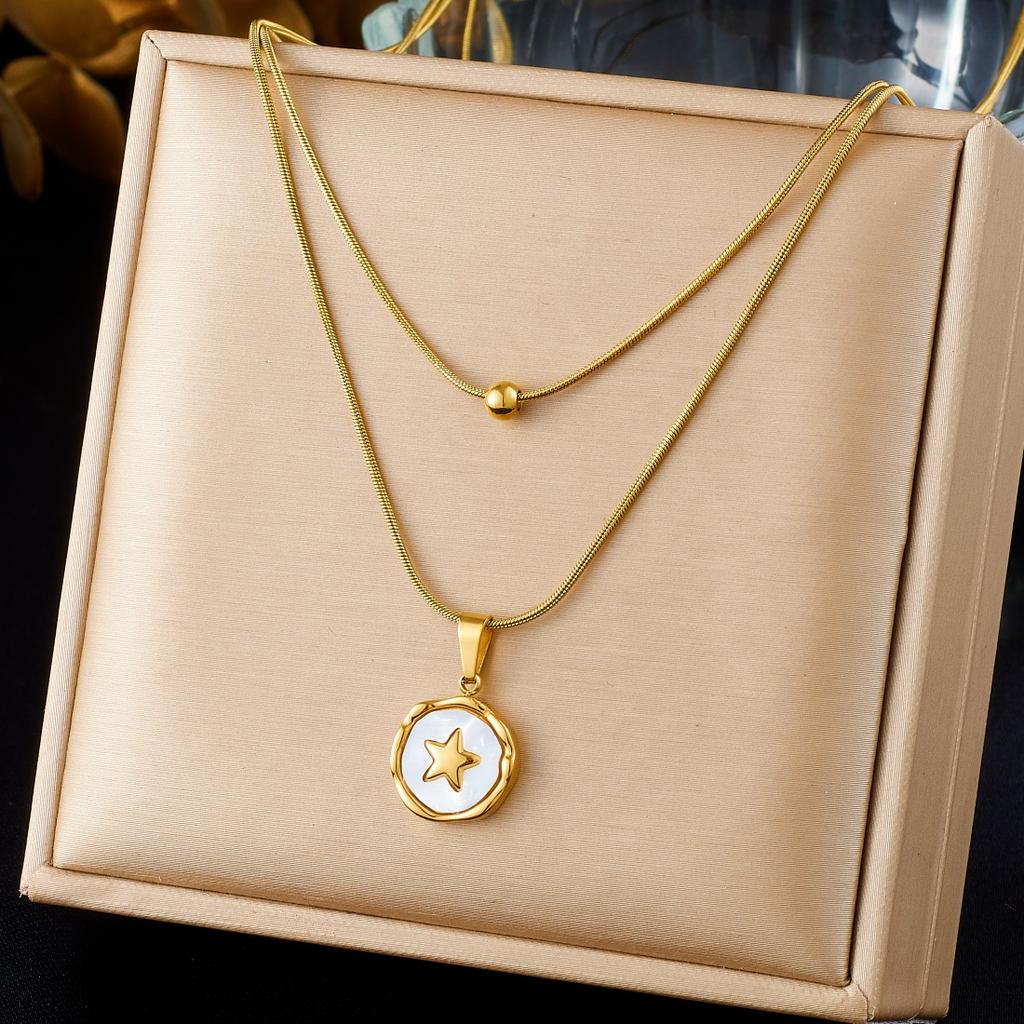 White Shell Inlay Butterfly Rose Flower Star Pendant Necklace Lady 316L Stainless Steel Novel Chic Waterproof Jewelry