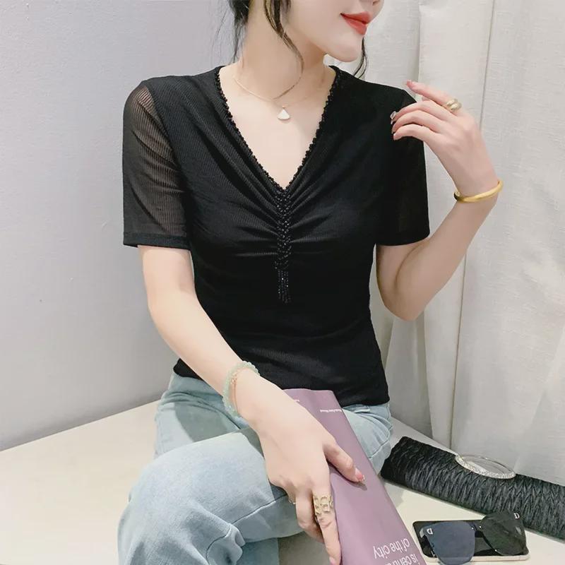 Women's European Style Beaded V-Neck Mesh T-shirt - Short Sleeve, Versatile, Fashionable Summer Blouse