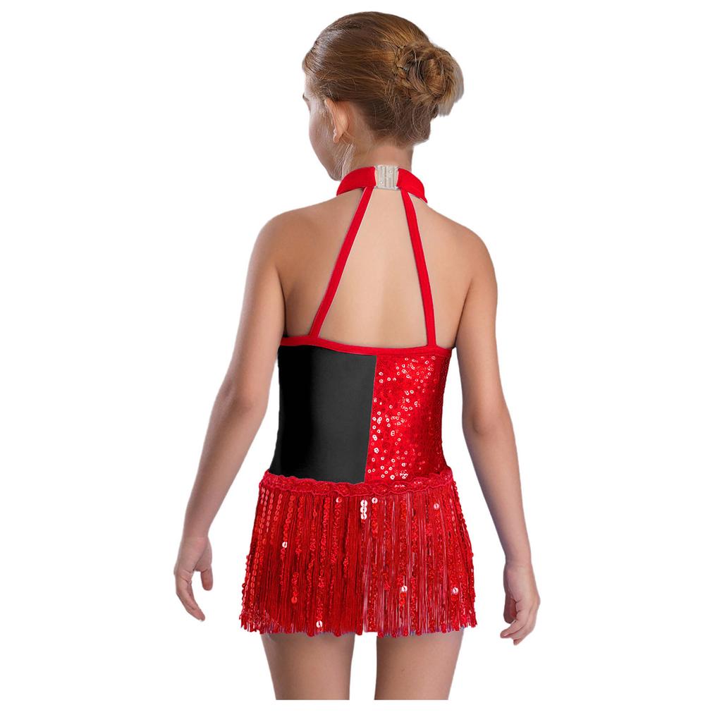 Girls Color Block Latin Dance Leotard Shiny Sequins Tassel Halter Sleeveless Backless Bodysuit Performance Costume