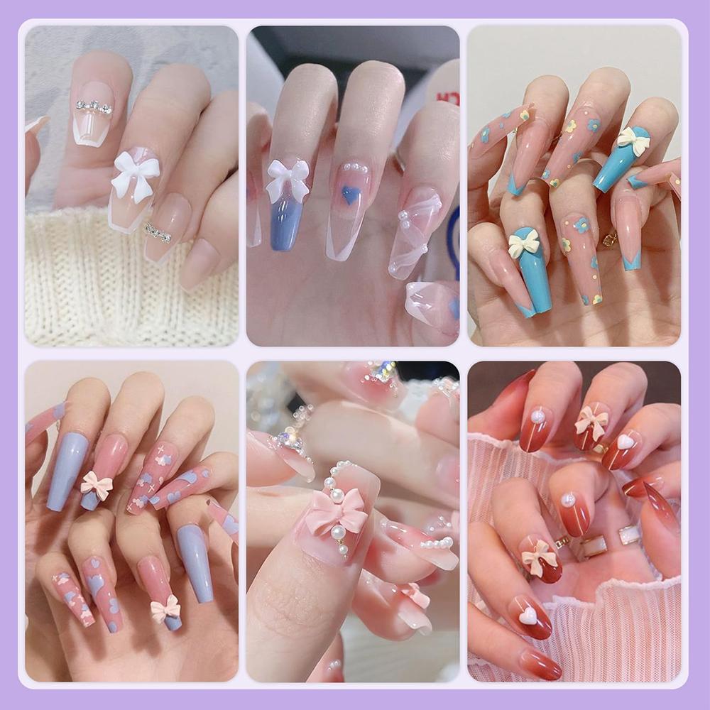 6 Colors Cute Bow Charms and White Flatback Pearls For DIY Nail Decoration