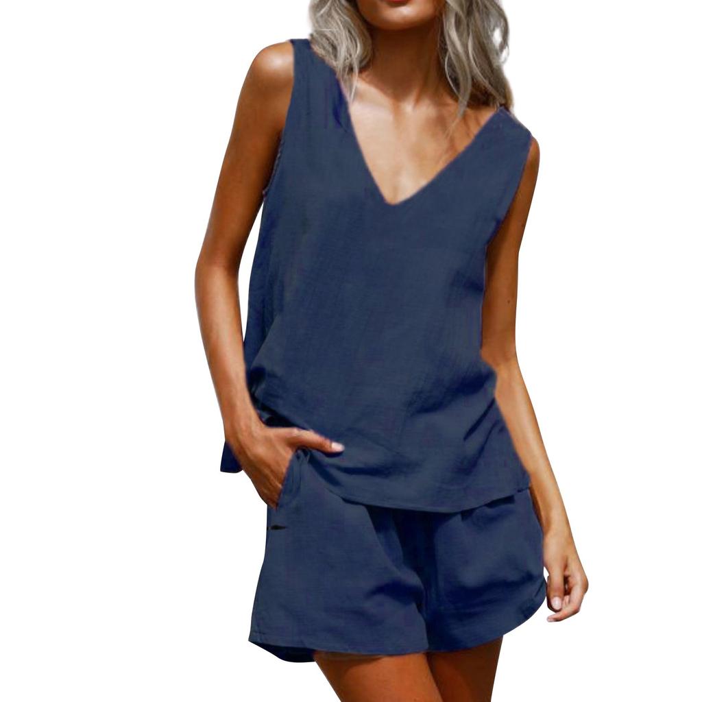 Женские летние комплекты из 2 предметов, шорты, топ без рукавов с v-образным вырезом, майка и шорты с высокой талией и карманами
