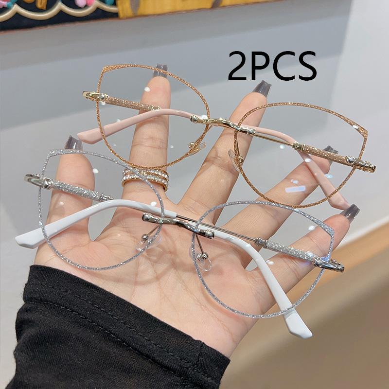 2Pcs Photochromic Metal Glasses Women Men Oversized Frame Eye Protection Ultra Light Eyeglasses Office Computer Goggles