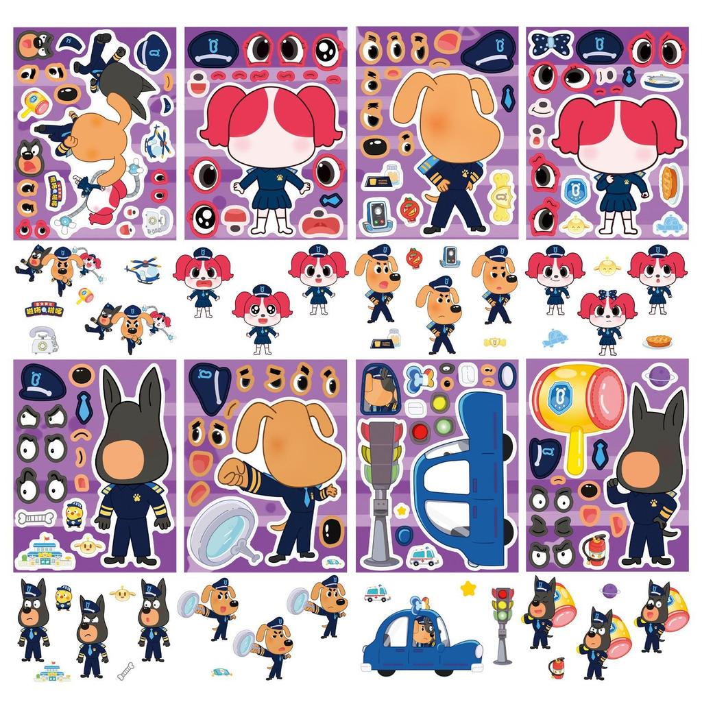 8 шт. Сделай лицо наклейка, Милые наклейки-пазлы Шериф Собака, Водонепроницаемые виниловые наклейки для смены лица для телефона, ноутбука, шлема