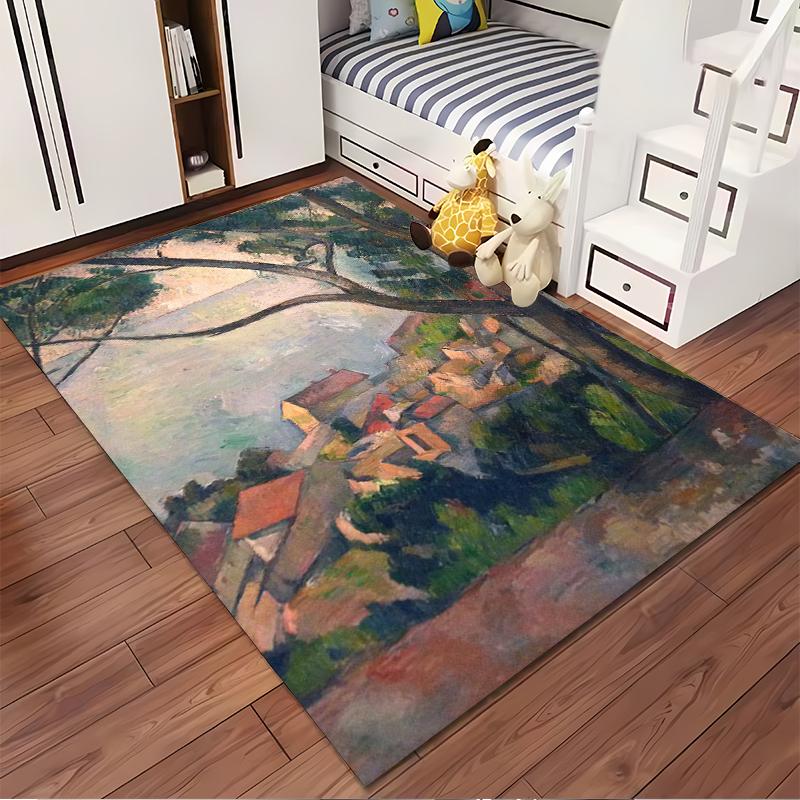 Coastal Village Landscape Painting Rug Non-slip rug suitable for living room and bedroom sofas.