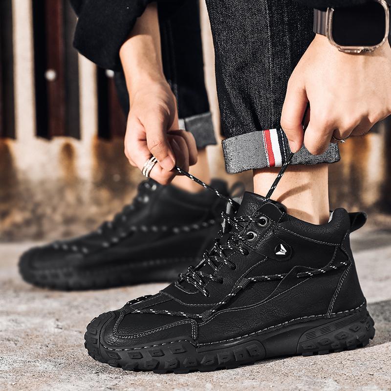 38-46 Модные зимние ботинки для мужчин, плюшевые кожаные ботинки с ручным швом, высокие походные ботинки, нескользящие, теплые, мужские ботинки, большие