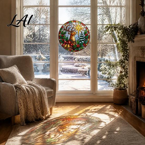 Decorative Window Stickers Christmas Stained Glass Film Sun Rainbow Style Cling Catcher Static Elk Holly