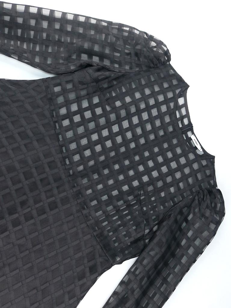 AOMEI Black Plaid Long Sleeve See Through High Waist A Line Evening Casual Daily Party Ball Gowns with Belt