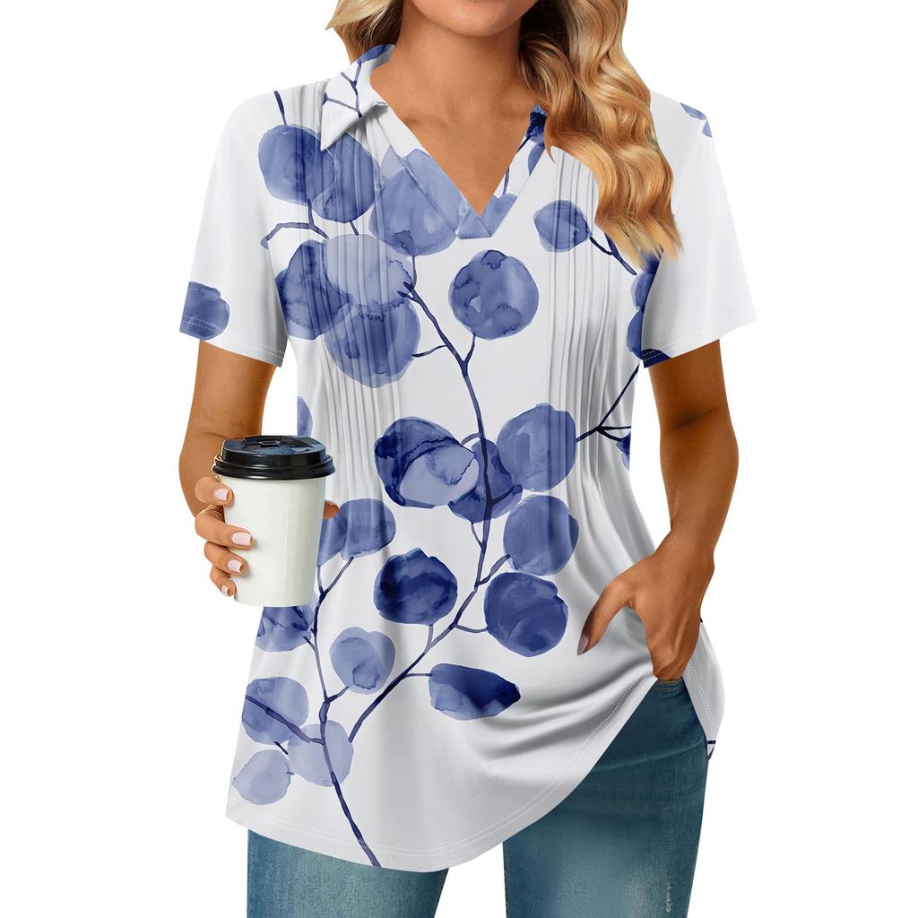 Женские футболки с коротким рукавом, плиссированные, с V-образным вырезом, с принтом, с воротником, летние топы, модные, деловые, повседневные, рабочие