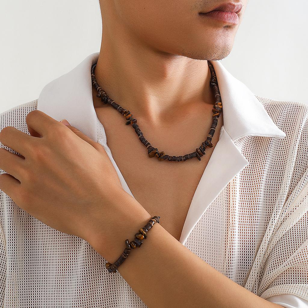 Two Pc Surfers Turquoise Wooden Bead Necklace Men's Hip-hop Minority High Sense Men's Beaded Clavicle Chain