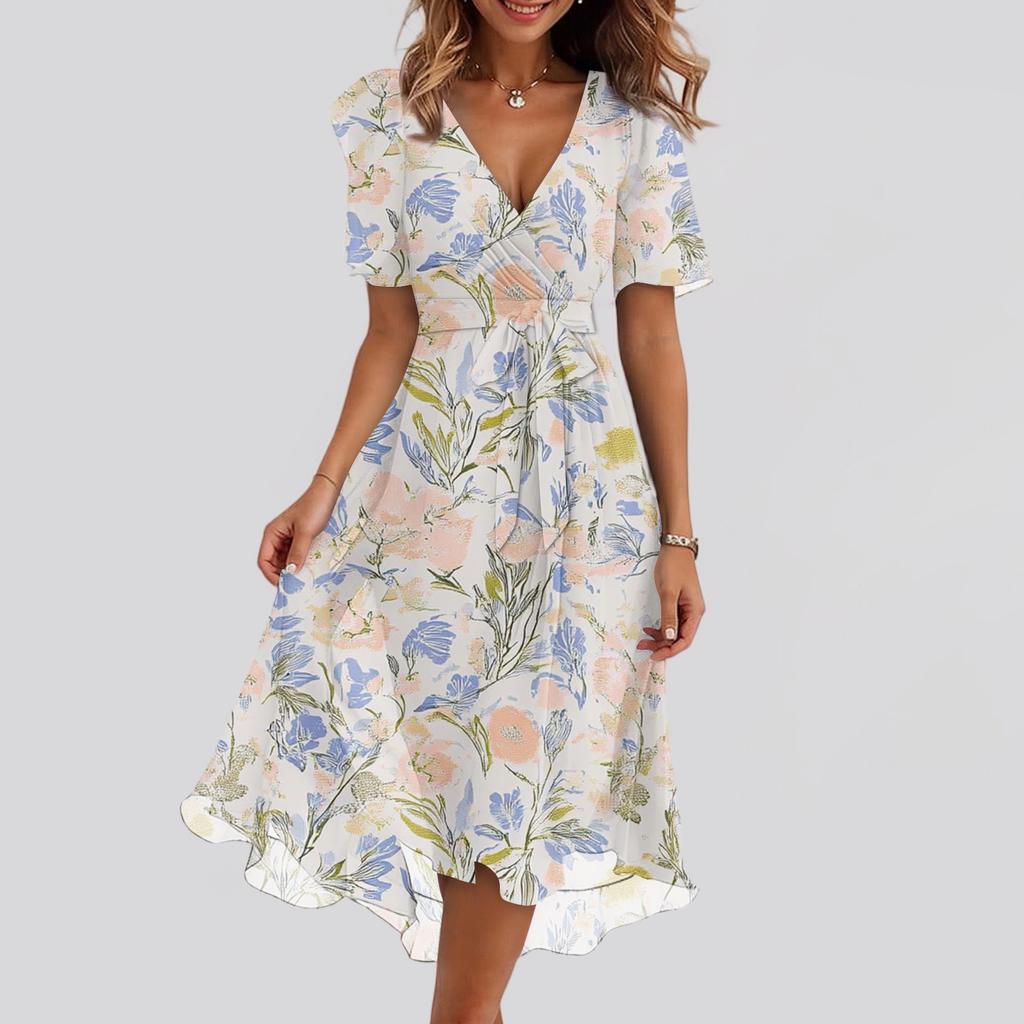 Women's Fashion Casual V Neck Short Sleeve Ruffled Vintage Printed Dresses