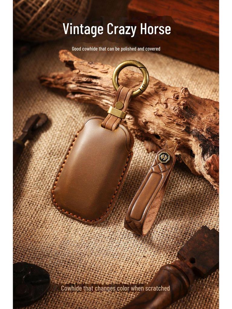 Genuine Leather Retro Key Cover for Chrysler 300C - Handmade Protective Shell with Buckle