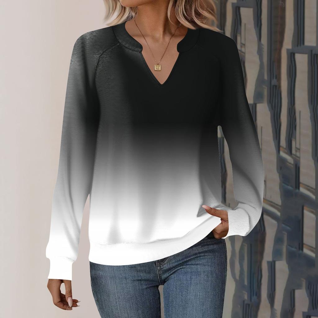 Женская повседневная толстовка с длинным рукавом и V-образным вырезом, свободный пуловер с градиентным принтом