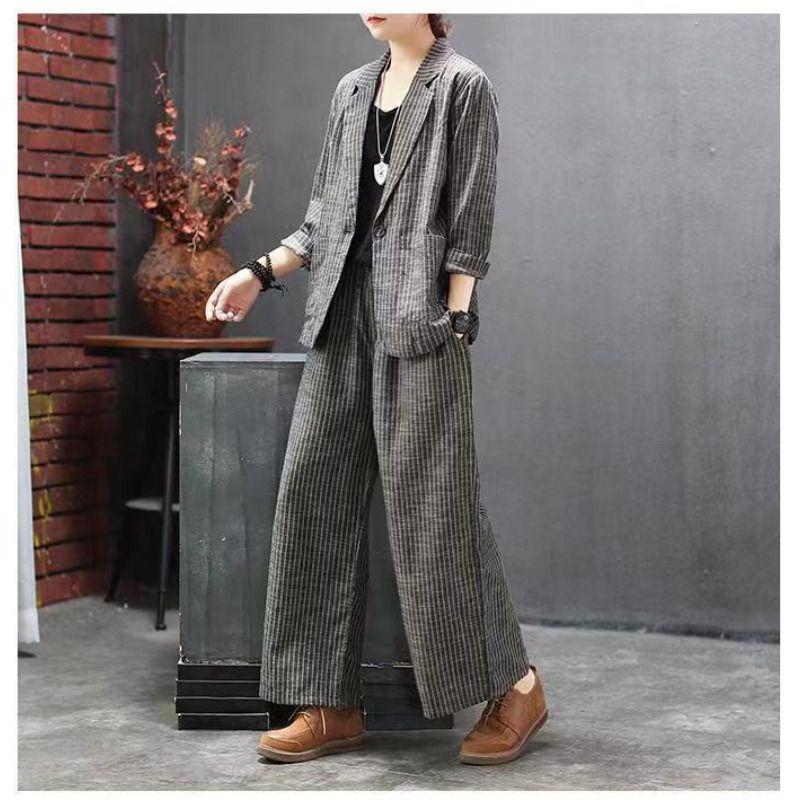 Осенне-зимний женский комплект в винтажную полоску, свободный костюм из двух предметов, брюки