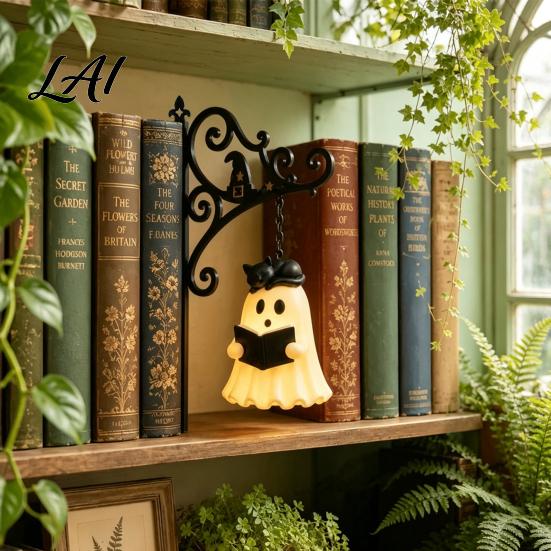 Vintage Style Home Study Light Ghost Bookshelf Light Library Lantern Decorative Lamp with Warm LED Lighting Charming Lantern for Bedroom Retro Iron