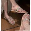 Весна и лето новый модный дизайн большой размер женские сандалии на плоской подошве с искусственными бриллиантами квадратный носок рукав простой и модный