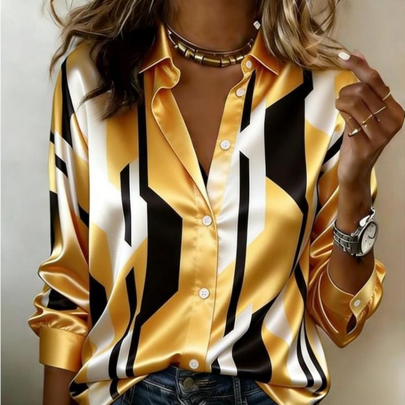Women Satin Colorful Stripe Block Art Brush Stroke Print Shirt Long Sleeve Lapel Button Down Blouse Casual Office Ladies Multi Color Top