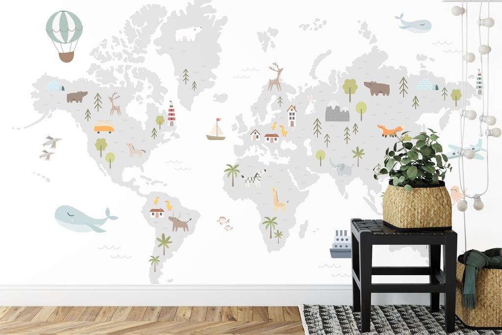 Photomural World Map With Cute Animals In Cartoon Style. Map For Nursery, Kids Room With Nature, Animals, Transports. Scandi Smooth Vinyl 360x240