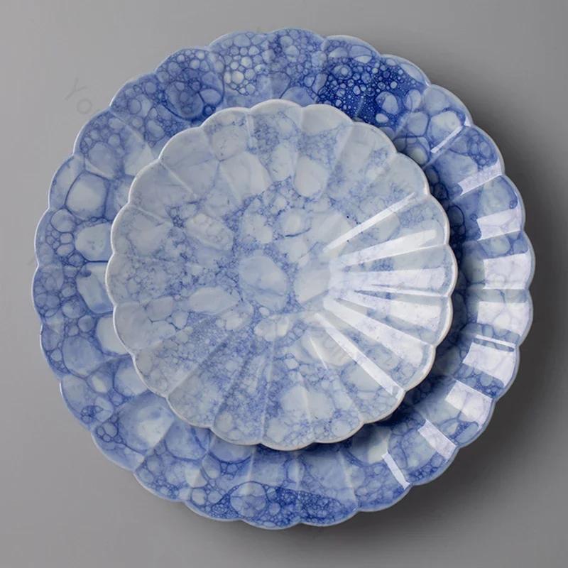 Креативные ретро-синие керамические тарелки, легкие, роскошные, ресторанные, макаронные десертные тарелки, изысканные блюда, изысканная бытовая посуда