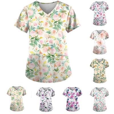 Женские топы с короткими рукавами и v-образным вырезом с принтом, рабочая блузка с карманами