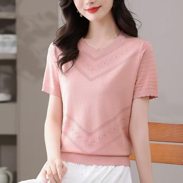 Летняя женская трикотажная футболка с круглым вырезом и ажурными вставками из ледяного шелка, с короткими рукавами, свободный топ