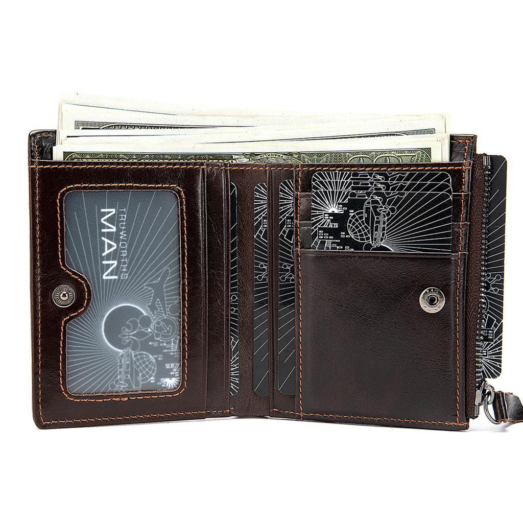 Men's Genuine Oil Waxed Leather Wallet Rfid Anti-theft Swipe Card Bag Multi-card Position Retro Personalized Zipper Wallet