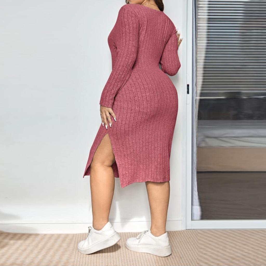 Large Size Long Sleeved Square Neck Slit Knitted Long Dress For Women