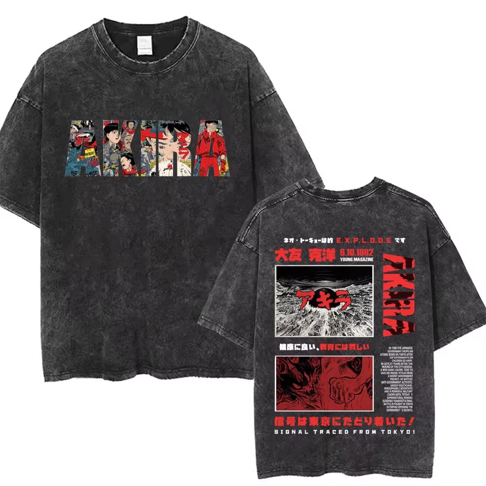 2026 Summer Fashion Trendy Tee Washed Retro Japanese Anime Akira Print Cotton Men Woment Tshirt Y2k Hip Hop Streetwear Tshirt