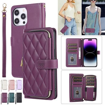 Кожаный чехол-книжка-книжка с ремешком на молнии для iPhone 15 Pro Max 14 Plus 13 12 11 X XS XR Samsung S23 Ultra S22 S21 S20 FE A14 A34 A54 A13, чехол