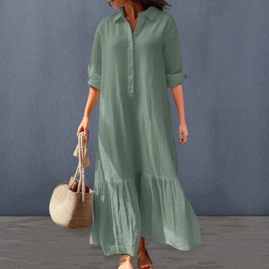 Летнее Весеннее Женское Платье Лацкан Длинный Рукав Рюши Пэчворк Плиссированное Свободное А-силуэт