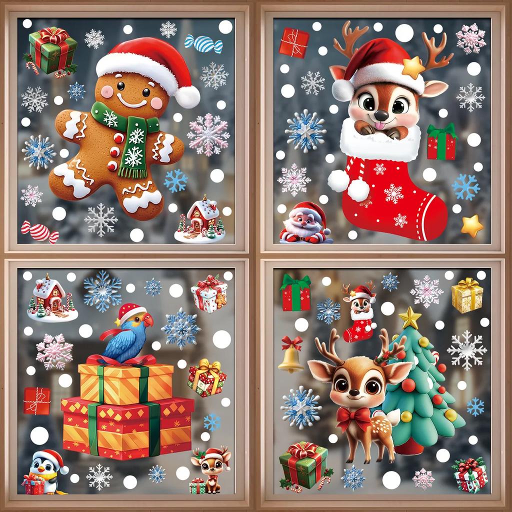 3D Christmas Window Stickers Electrostatic Cling with Santa Claus Snowman Snowflakes for Home Office Party Decor Reusable