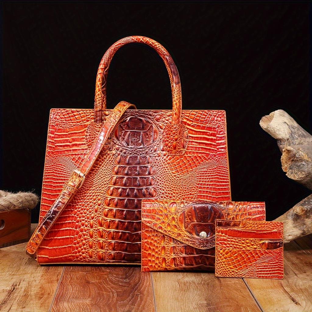 Комплект из 3 сумок и кошельков с крокодиловым узором, многофункциональная винтажная сумка через плечо с верхней ручкой, деловая сумка-клатч и кошелек для карточек и монет