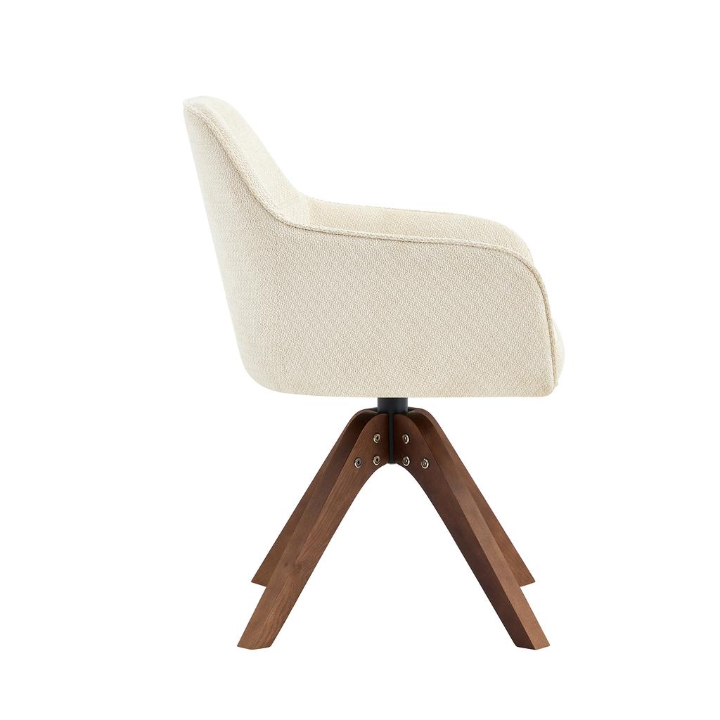 Set of 2 360° Swivel Dining Chairs, Cream Fabric, Walnut Wood Legs, Foam Seat, Ergonomic Backrest