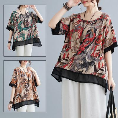 Футболка большого размера из хлопка и льна для женщин, летняя, новый стиль, литературный принт, свободная, с принтом мяса, повседневная, универсальная, с круглым вырезом и короткими рукавами