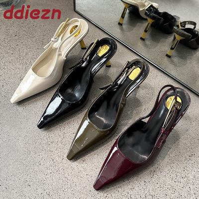 Мода Мода Металлические Каблуки Женские Туфли-Лодочки Заостренный Носок Женские Слингбэки Ремешок с Пряжкой Обувь Для Вечеринки Платье Женские Туфли на Высоком Каблуке