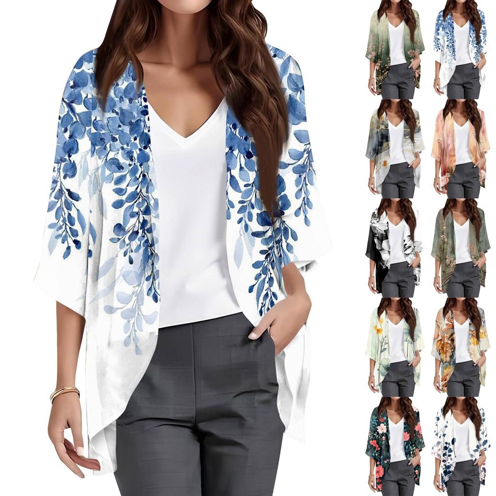 Ladies Fashion Loose Casual Print Beach Holiday   Sleeve Chiffon Cardigan