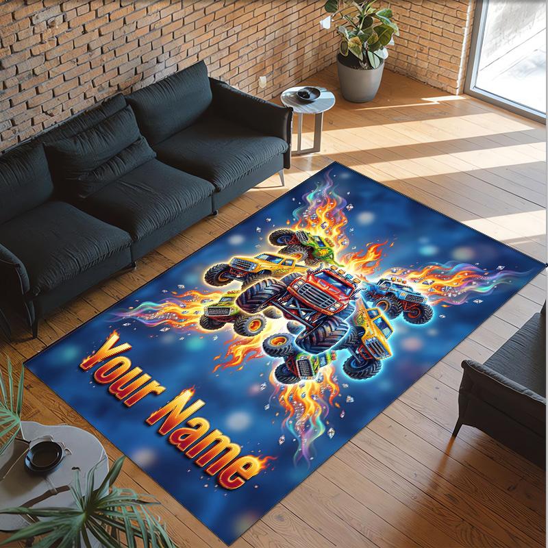 Truck Theme Crystal Velvet Floor Rug Personalized Custom Name Text Warm Carpet Home Decoration