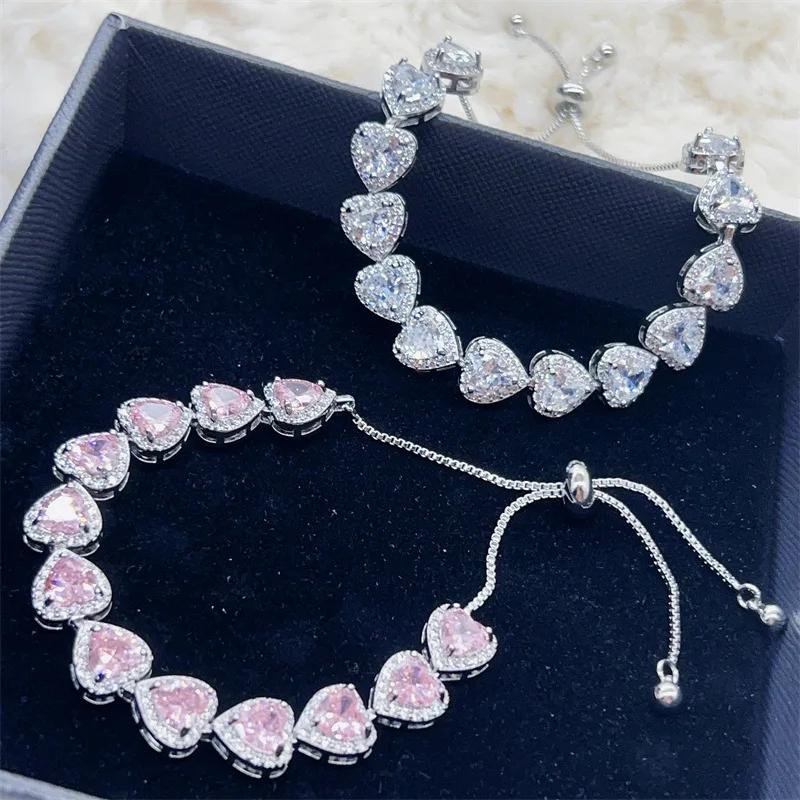 Fashion White Pink Heart Women Silver Bracelets Bangles for Girl Shinny Cut CZ Bridal Adjustable Bracelet Party Jewelry