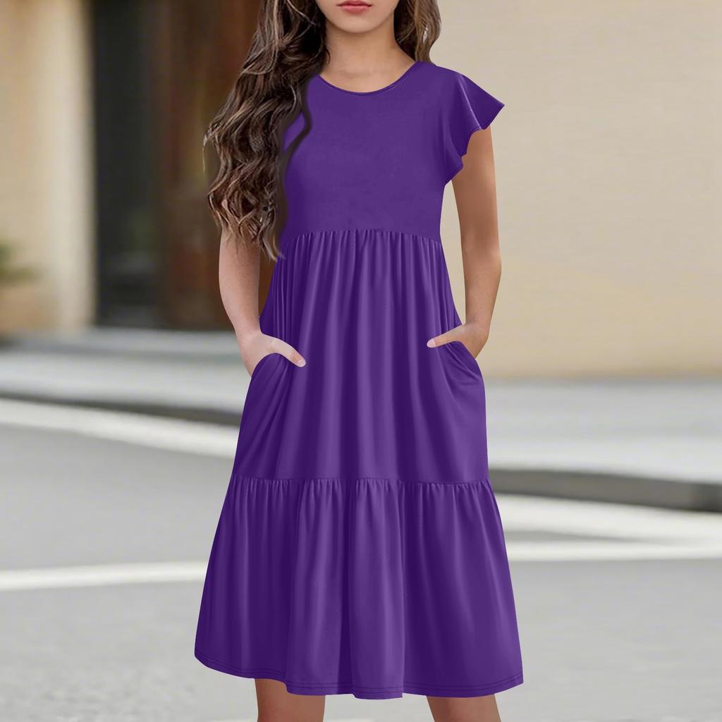 Детская юбка с круглым вырезом, плиссированная, с коротким рукавом, юбка принцессы, модное повседневное платье с карманами для девочек