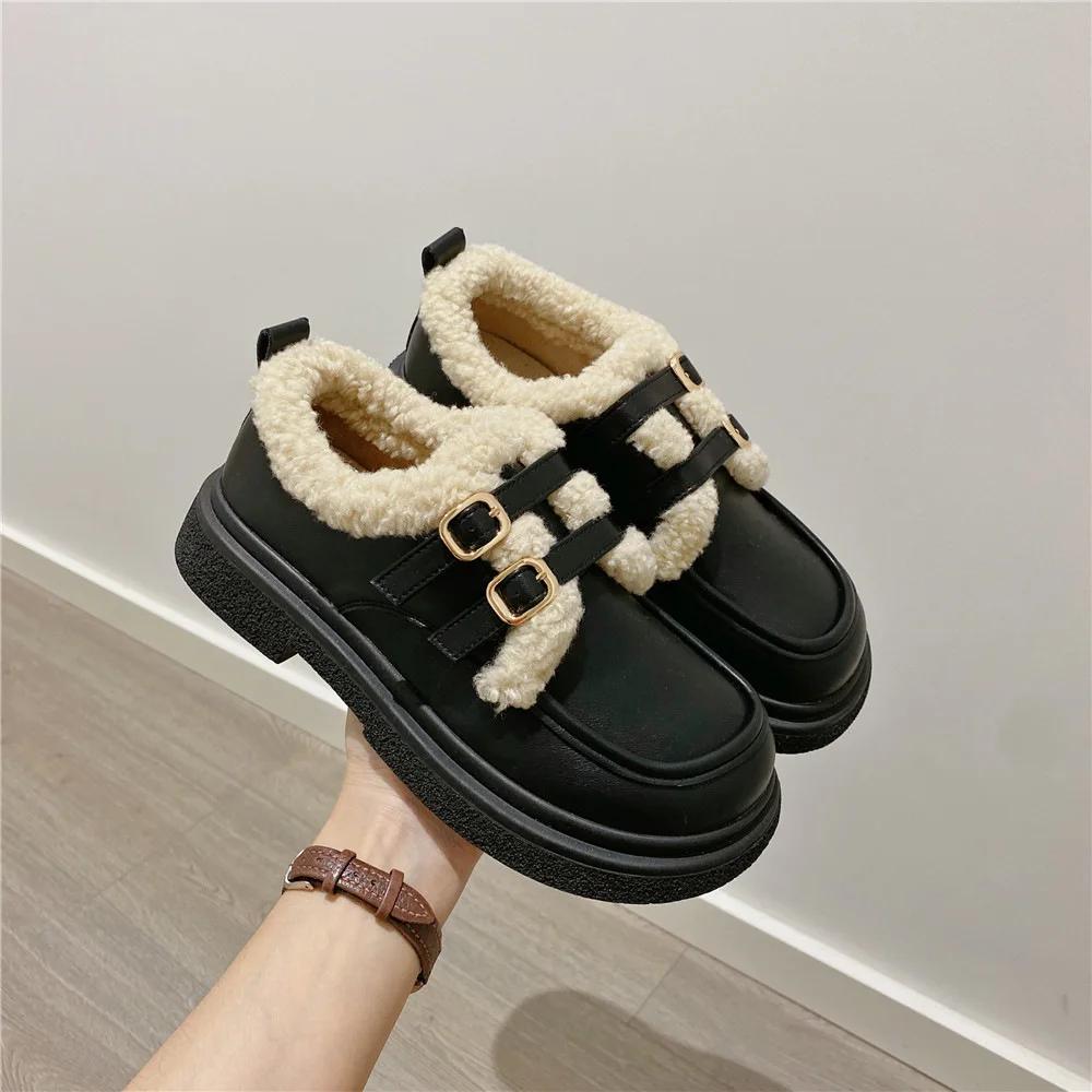 Fashion Women's Plush Small Leather Shoes Autumn Winter Warm Comfortable Anti Slip Flat Bottomed Cotton Shoes Party Casual Shoes 2025