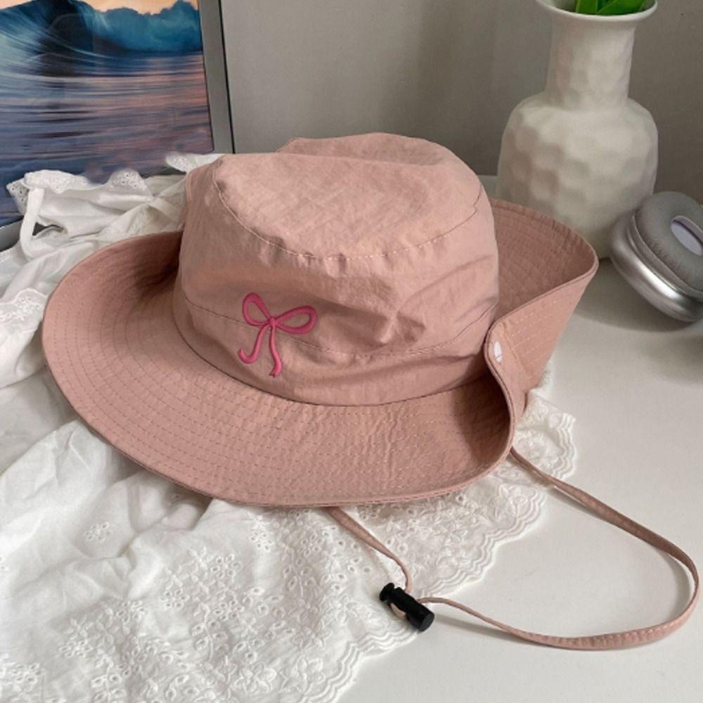 Sunscreen Bucket Hat Spring Summer Bow Strap Bucket Hats New Fishing Caps  For Outdoor Camping