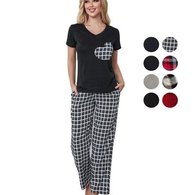 Летний спальный костюм для женщин. Пижамный комплект из 2 предметов. Рубашки с принтом в виде сердца с V-образным вырезом и короткими рукавами и длинные брюки в клетку. Домашняя одежда для отдыха. Ночная рубашка.