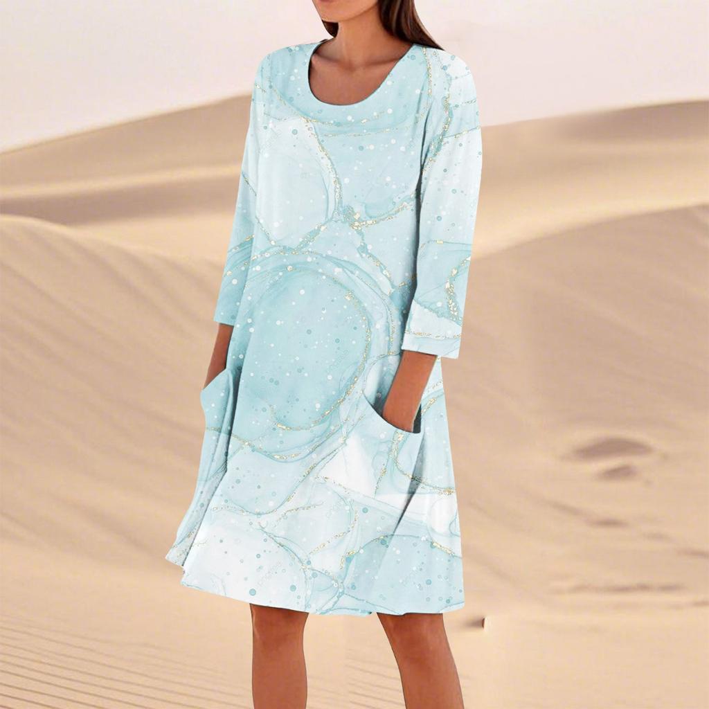 Женское однотонное модное свободное повседневное платье с рукавом три четверти Женское модное свободное повседневное платье с принтом в горошек и рукавом три четверти